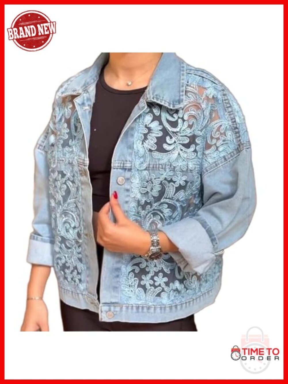 Lace Sheer Denim Jacket Women Casual Jean Jacket Spring Summer